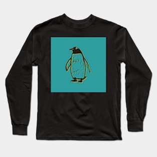 Penguin block print green yellow black Long Sleeve T-Shirt